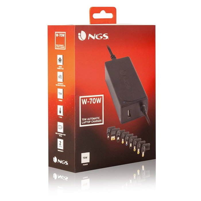 NGS Cargador de Portátil Universal W-70W de 70 W con 9 Conectores y USB